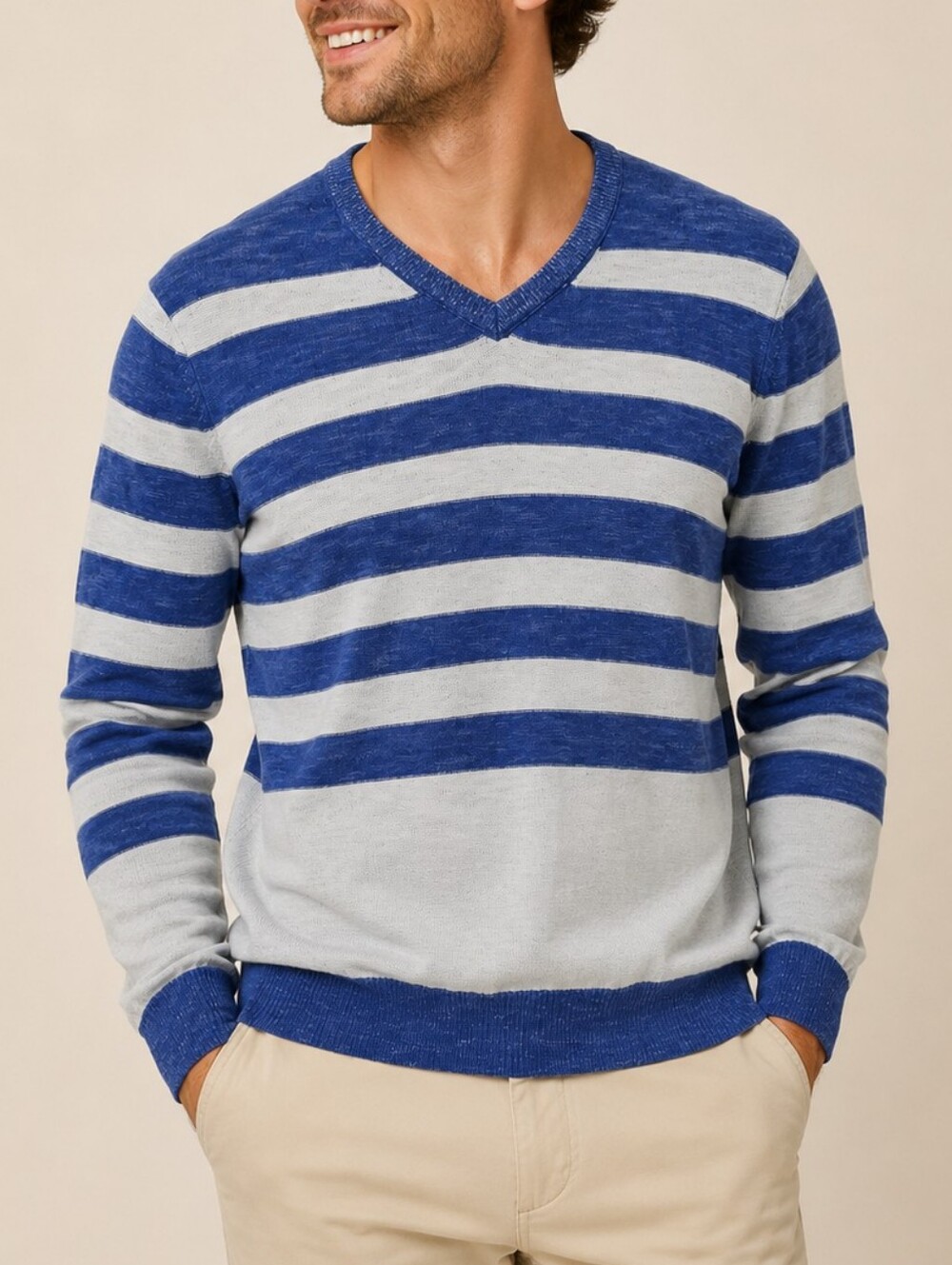 Kenneth Cole Mens V-Neck Sweater Blue Gray Striped Medium Preppy Classic Knit